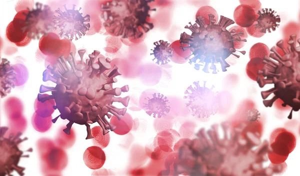 顕微鏡下のコロナウイルスCovid コロナウイルス発生 血液中に浮かぶウイルス 3Dレンダリング — ストック写真