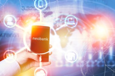 Neobank Business fintech web sitesi finansal konsepti. Finans teknolojisi internet hesaplama