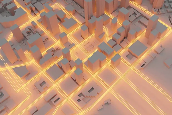 Przyszłe Koncepcje Inteligentnego Miasta Urbanistyczne Futurystyczne Koncepcje Przepływu Technologii Renderowanie — Zdjęcie stockowe