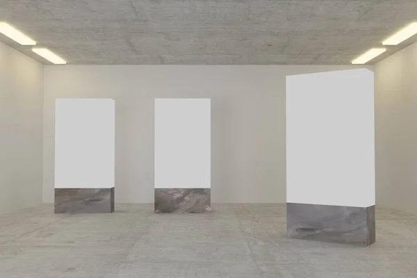 现代模拟画廊的内部销售模板与白色墙壁和混凝土地板 3D渲染 — 图库照片