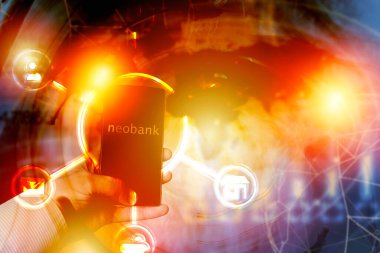 Neobank Business fintech web sitesi finansal konsepti. Finans teknolojisi internet hesaplama