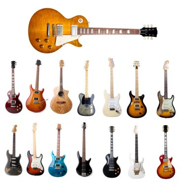 Beyaz arka planda izole edilmiş elektro gitar seti, çeşitli elektrikler
