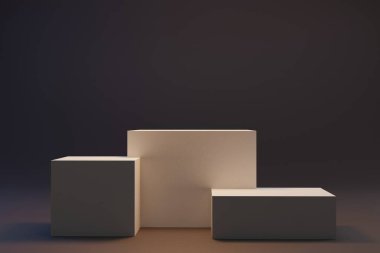 Boş küp ya da stüdyo geçmişi olan kare kutu podyumu. Yeni ürün için sahne gösterisi, promosyon satışı, afiş, sunum, fotokopi alanı. 3B görüntüleme