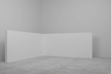 Beyaz duvarı ve beton zemini olan modern model galeri iç pazarlama şablonu. 3B Hazırlama