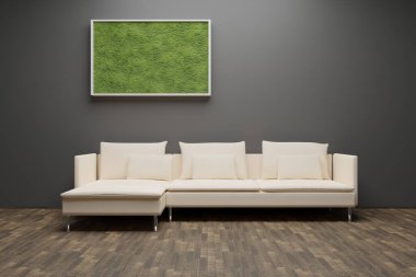 Dikey posteri, arka ışıklandırmalı yosunları ve ahşap zemini olan modern bir iç mekan. Ön manzara. 3d oluşturma