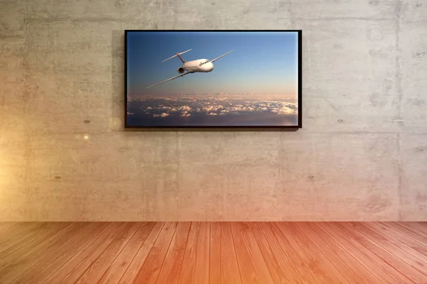 4K电视机 屏幕上有图片 内部现代 3D渲染 — 图库照片