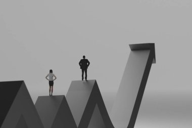 Stüdyo geçmişi olan iş adamı / kadın büyüme çizelgesinde. Stratejik planlama ve yönetim fikriyle iş liderliği başarısı kavramı. 3B görüntüleme