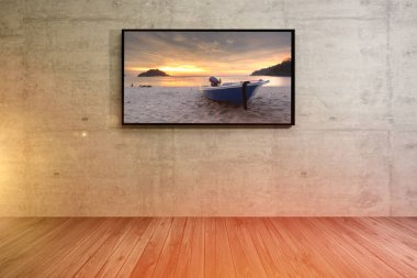 4K TV ekranda izole edilmiş, modern iç mekan, 3D görüntüleme