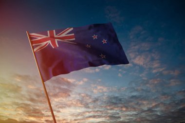 Yeni Zelanda bayrağı rüzgarda dalgalanırken bayrak direği, bulutlu bir gün, 3D görüntüleme