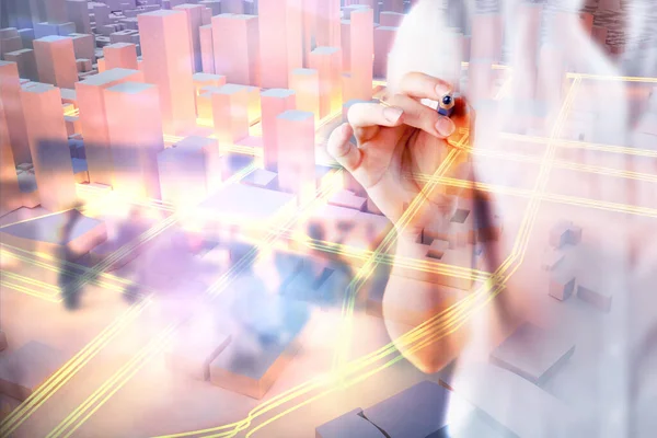 Майбутнє Концепція Розумного Міста Концепції Міського Футуристичного Технологічного Потоку Рендеринг — стокове фото