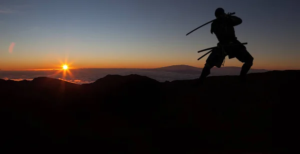 Silhueta Japanesesamurai Com Treinamento Espada Posando Durante Pôr Sol — Fotografia de Stock