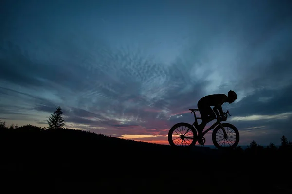 Silhouette Cyclist Bike Sunset Man Ride Bike Mountains Sport Active — Stock Photo, Image