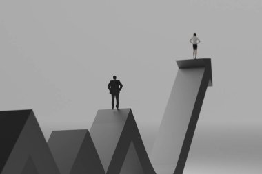 Stüdyo geçmişi olan iş adamı / kadın büyüme çizelgesinde. Stratejik planlama ve yönetim fikriyle iş liderliği başarısı kavramı. 3B görüntüleme