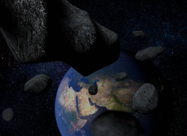 Dünya gezegeni ve kuyruklu yıldızlarla dolu bir arka plan. Dev asteroitler Dünya 'ya yaklaşıyor. Gerçekçi Meteorit kavramı. 3B Hazırlama