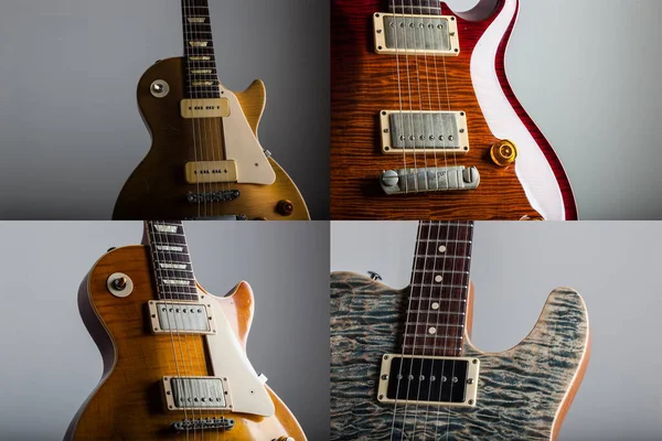 エレクトリック ギター イメージのコラージュ スタジオ ショットと雷におけるヴィンテージ エレクトリック ギターのクローズアップ — ストック写真
