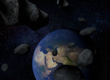 Dünya gezegeni ve kuyruklu yıldızlarla dolu bir arka plan. Dev asteroitler Dünya 'ya yaklaşıyor. Gerçekçi Meteorit kavramı. 3B Hazırlama