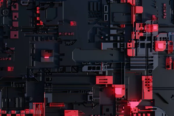 Circuit board or motherboard futuristic server code processing background. Technology background with circuit board or microchip futuristic server design. 3d rendering