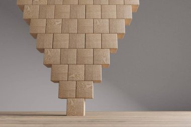 Şekil olarak düzenlenmiş ahşap küp, sembol veya logo oluşturma, iş büyümesi ve yönetim konsepti için modelleme.