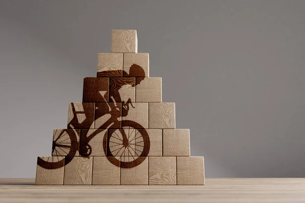 Cubos Madera Con Jinete Bicicleta Sobre Una Hermosa Mesa Madera —  Fotos de Stock