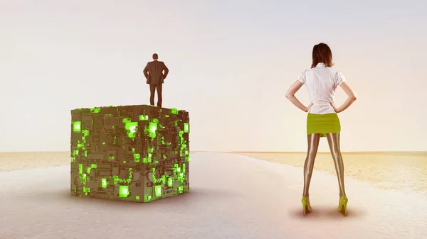 ビジネスマンと女性が立っている シャイン スクエア 光の幾何学 スマートコード エネルギー効果 ビッグデータだ デジタルチップだ グレアグリッド線 グローキューブ ストック画像