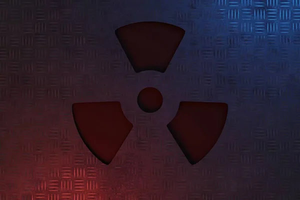 原子力放射線 電離原子放射線 巨大な金属壁のテクスチャ暗い背景に描かれた丸いシンボル形状 核放射線や放射線警報の危険性 3Dレンダリング — ストック写真