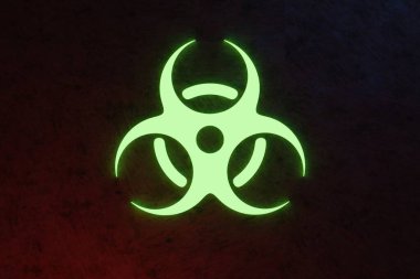 Biyolojik tehlike sembolü. Virüs, enfeksiyon, bakteri, bulaşıcı hastalık, zehirli, atık karantina salgını konsepti stilize edilmiş grunge geçmişi. 3d oluşturma