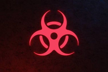 Biyolojik tehlike sembolü. Virüs, enfeksiyon, bakteri, bulaşıcı hastalık, zehirli, atık karantina salgını konsepti stilize edilmiş grunge geçmişi. 3d oluşturma