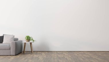 Posteri, bitkisi ve ahşap zemini olan modern bir çevre tarzı iç mekan. Ön manzara. 3d oluşturma