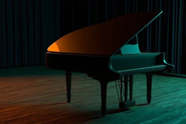 Grand Piano on the stage of concert hall or small jazz club. 3D rendering