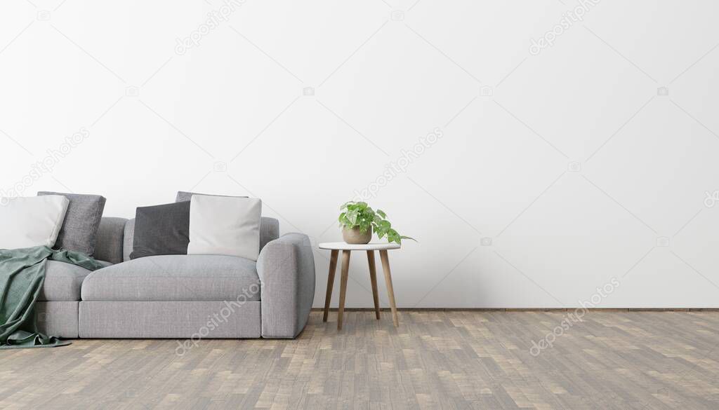 Modern eco-style interior with a space for poster, plant and a wooden floor. Front view. 3d rendering