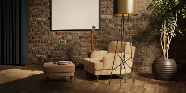 客厅内部有天鹅绒扶手椅和空框架 吉他和书 3D渲染 — 图库照片