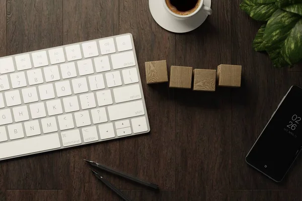 Arbeit Von Hause Aus Schreibtischbüro Mit Tastatur Holzwürfeln Kaffeetasse Und — Stockfoto