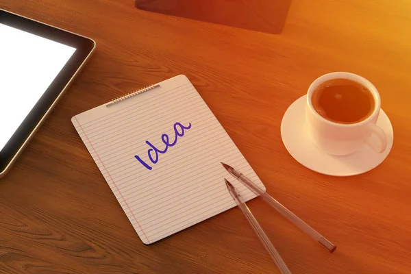 Travailler Maison Bureau Avec Ordinateur Portable Bloc Notes Vierge Tasse — Photo