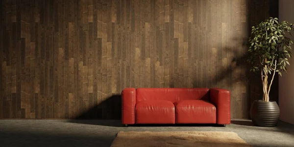 ポスター 木製の床のためのスペースを備えたモダンなエコスタイルのインテリア 正面図 3Dレンダリング — ストック写真