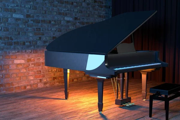 大钢琴在音乐厅或小爵士俱乐部的舞台上 3D渲染 — 图库照片