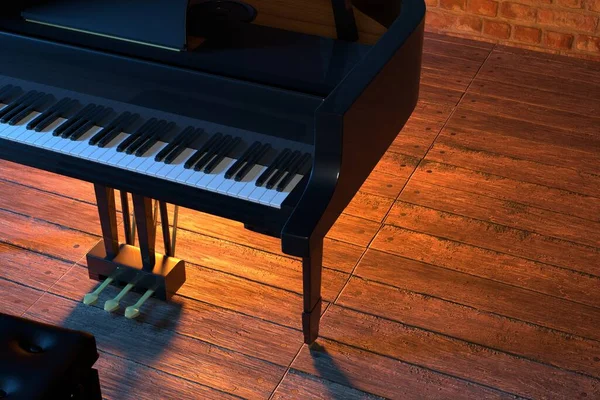 大钢琴在音乐厅或小爵士俱乐部的舞台上 3D渲染 — 图库照片