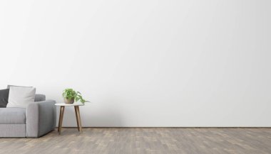 Posteri, bitkisi ve ahşap zemini olan modern bir çevre tarzı iç mekan. Ön manzara. 3d oluşturma