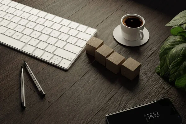 Travailler Maison Bureau Avec Clavier Cubes Bois Vierges Tasse Café — Photo