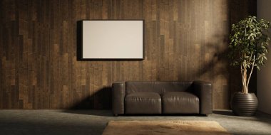 Posteri, bitkisi ve ahşap zemini olan modern bir çevre tarzı iç mekan. Ön manzara. 3d oluşturma