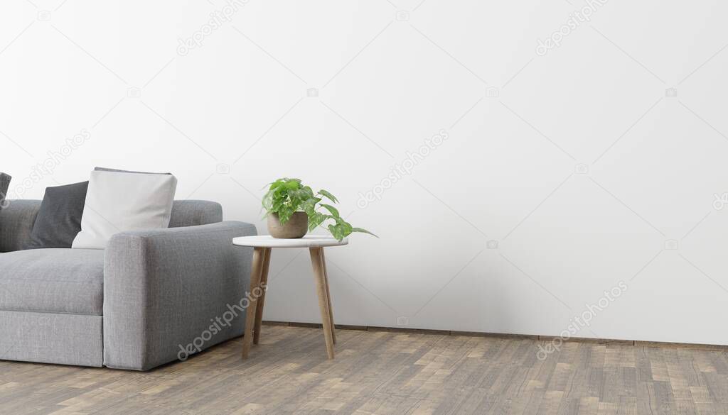 Modern eco-style interior with a space for poster, plant and a wooden floor. Front view. 3d rendering