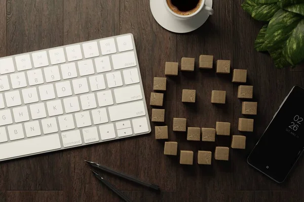 Cubos Madeira Com Ilustração Ícone Emoção Feliz Mesa Com Teclado — Fotografia de Stock