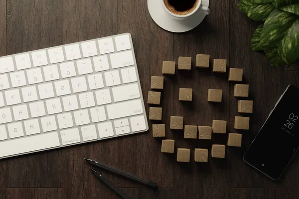 Cubes Bois Avec Illustration Icône Émotion Heureuse Sur Bureau Avec Images De Stock Libres De Droits