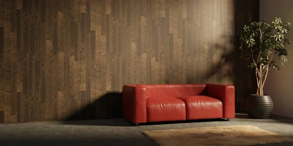 ポスター 木製の床のためのスペースを備えたモダンなエコスタイルのインテリア 正面図 3Dレンダリング — ストック写真