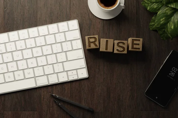 Work Home Desk Office Keyboard Rise Wooden Cubes Coffee Cup — Stockfoto