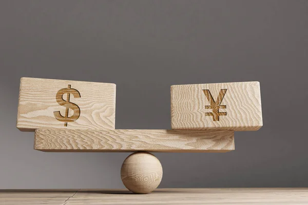 Dollar Yen Supply Demand Balance Concept Wooden Cube Block Words Rechtenvrije Stockafbeeldingen