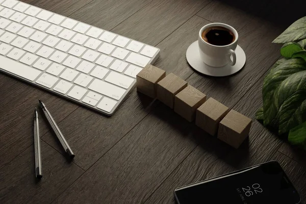 Jobba Hemifrån Skrivbord Med Tangentbord Tomma Träkuber Kaffekopp Och Penna Stockfoto