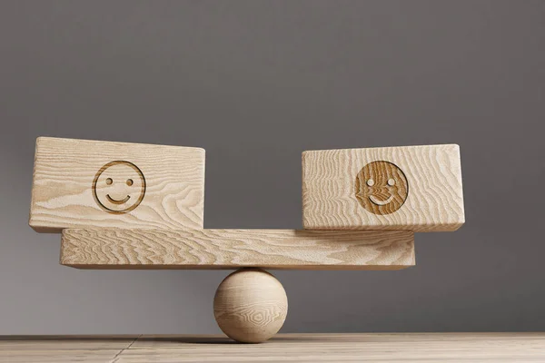 Good Bad Mood Emoji Icons Balance Concept Wooden Cube Block Stockbild