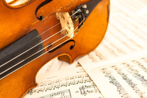 Old violin lying on the sheet of music — Stock Photo, Image