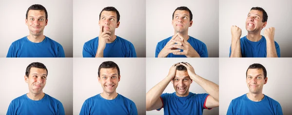 Genç adam farklı duygular ifade bileşimi — Stok fotoğraf