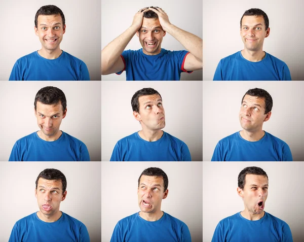 Composition of young man expressing different emotions — Stock Photo, Image